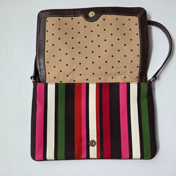 Kate Spade Rainbow Stripe Canvas Flap & Brown Leather Shoulder Bag Preppy Y2K - Picture 7 of 12